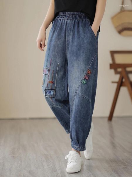 Frauen Jeans 2024 Sommer Stickerei Vintage Frau Lose Plus Size Elastic Taille Denim Long Hosen Harem Hosen für Frauen
