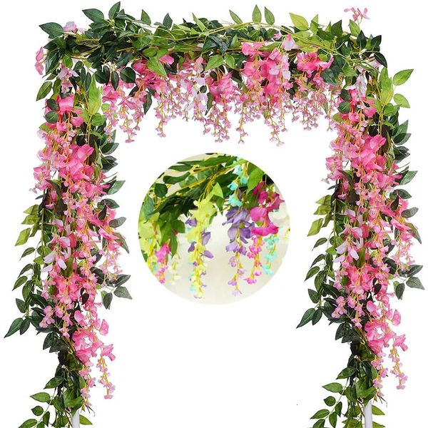 2m Wisteria Flowers Artificial Garland Fake Plants Folhagem Rattan traseiro, arco de casamento de parede falsa 240506