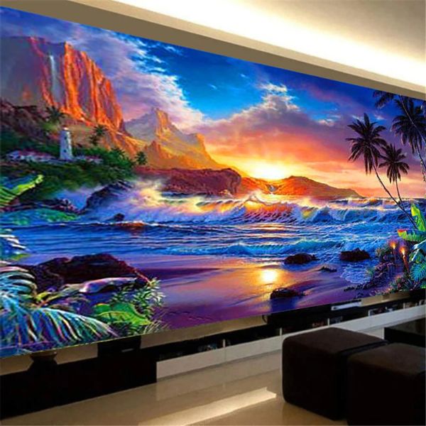 Ponto 5d DIY Pintura de diamante Sunset Cenário da praia Full Diamond Borderyery Kit Modern Paisagem Parede Moderna da sala de estar Decoração de casa