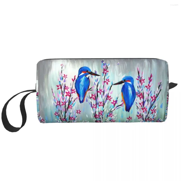 Bolsas de armazenamento Bolsa de maquiagem de amor Kingfisher fofo para mulheres Organizador cosmético Kawaii Flor Flor Blossom Bird Houeene