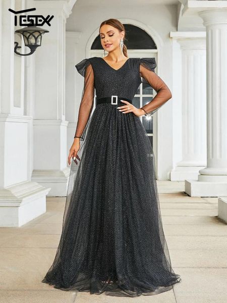 Lässige Kleider Yesexy Hochzeits Geburtstagsfeier Kleid Schwarz gegen Nacken Langarm ein Linie Abendkleid elegante schöne Frauen