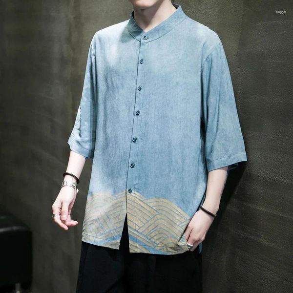 Camisas casuais masculinas Camisa de manga curta Roupas chinesas Cor contraste de cor de algodão e linho Retro Stand Collar Fiveled Fin