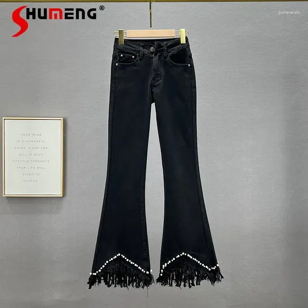 Frauen Jeans Perlen Denim Bellbodenhose Frauen trendy 2024 Spring Dehnbar hohe Taille Schlampe Grabhosen