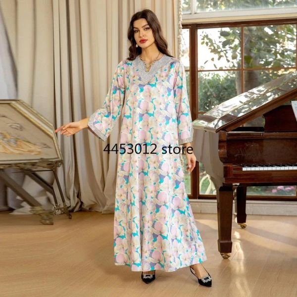 Roupas étnicas Muçulmano Elegante Abaya Cuff Beading Islam Vestido Preto Moda Impresso Strass Robe Kaftan Casamento Marroquino Caftan AB383