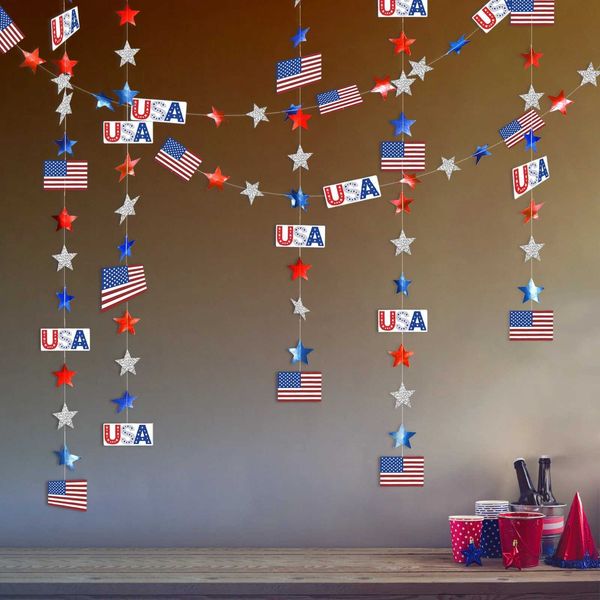 Banner bayrakları kırmızı mavi gümüş pırıltı yıldız usa bayraklar çelenk kağıt flaması 4. Dört Temmuz Amerika Bağımsız Günü Kutlama Dekor Partisi