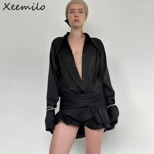 Arbeitskleider Xeemilo Sexy Lady Mesh Sheer Langarm -Strickjacke mit gerissenen kurzen Röcken Herbst 2024 Temperament Slim Women 2 Stück