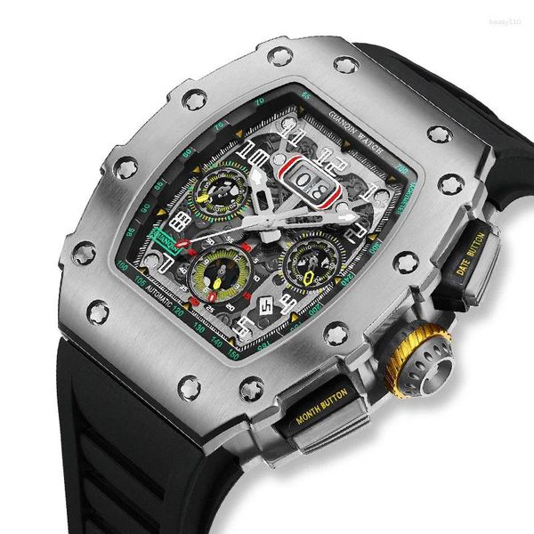 Нарученные часы Guanqin 2024 Watch Mens Автоматический механический верхний недельный месяц хронограф скелет турбильон спортивный водонепроницаемый