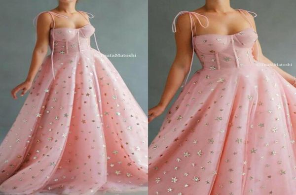 2020 Pink Prom Kleider Spaghetti Lace Bling Star Bodenlänge Billig Abendkleid Eine Linie maßgeschneiderte Kleider von besonderer Anlässe5906183