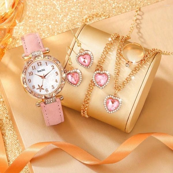 Relógios de pulso 6pcs/conjunto de discagem redonda feminina relógio de shinestone Padrão de estrela rosa Belso rosa Jóias de jóias em forma de coração