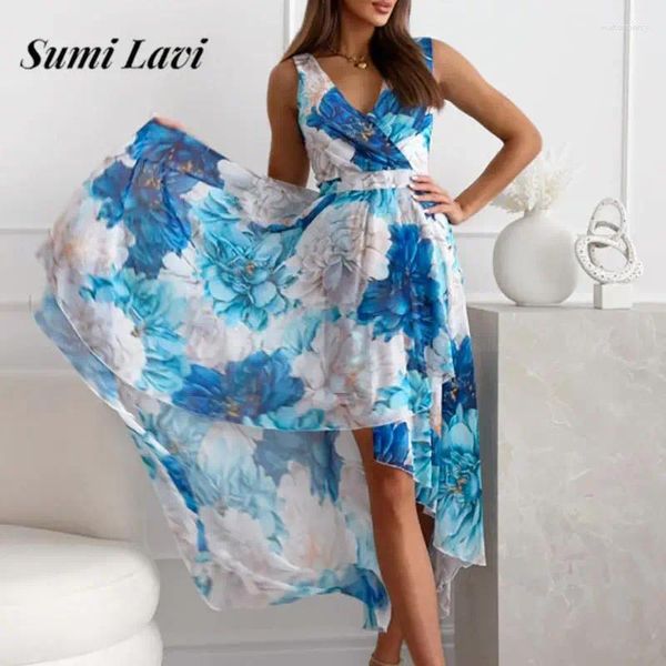 Abiti casual Elegante Abito da stampa in chiffon Sexy Deep Deep-Neck Weeleted Party Women Women Fashion Irregular Orna Irregolare Long Long