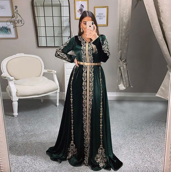 Velvet Fas Kaftan Gece Elbise Avcı Yeşil Altın Nakış Aletleri Suudi Arap Müslüman Uzun Kollu Balo elbisesi