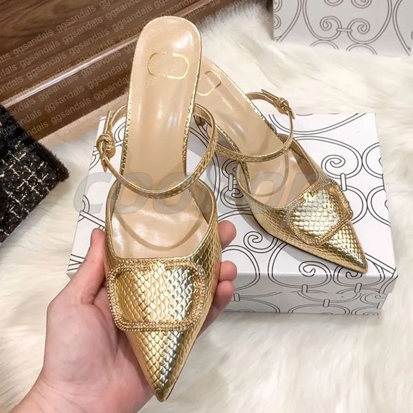 Tasarımcı Moda Yüksek Topuklu Terlik Serpantin Klasikler Rhinestone Tokalı Kadın Gelinlik Ayakkabı İnce Topuk Sandal Nötr Yaz Günlük Terlik