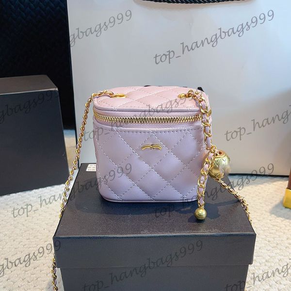 Balla di agnello da donna Gold Classic Mini Square Quilted Vanity Box Borse Makeup Case Cosmetica Nera Pink Bianco Pink Lipstic Luxury Designer Zipper Borse 11x7x10cm