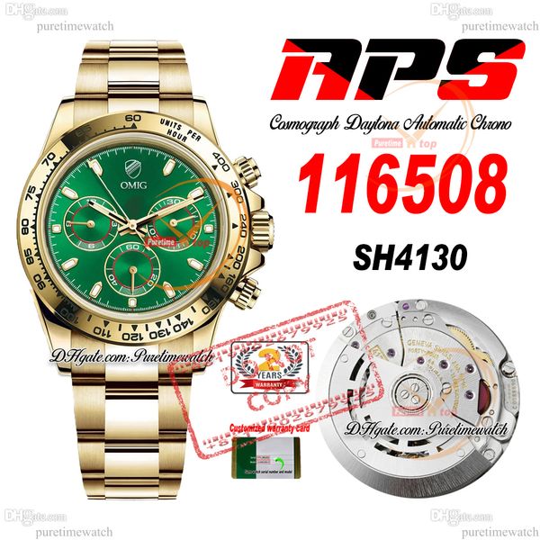 Продажа 11650 SH4130 Автоматический хронограф Mens Watch APSF 18K желтый золото зеленый набор 904L Стальной браслет 72H Super Edition Super Edition Super Edition Reloj Ptrx F2