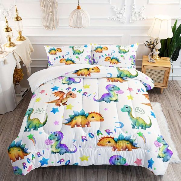 Tampa de edredão 3PC Consolador de desenhos animados Kawaii Dinosaur Beddings durante toda a temporada com decoração de Lollipop inclui 1 edredom, 2 fronhas para meninas adolescentes (sem travesseiro)