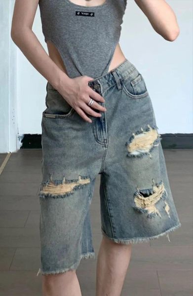 Kadın Şortları Harajuku Vintage Denim Kadın 2024 Yaz Deliği Kadınlar İçin Kot Y2K E-Girl Yüksek Bel Geniş Bacak Diz Uzunluk Pantolon