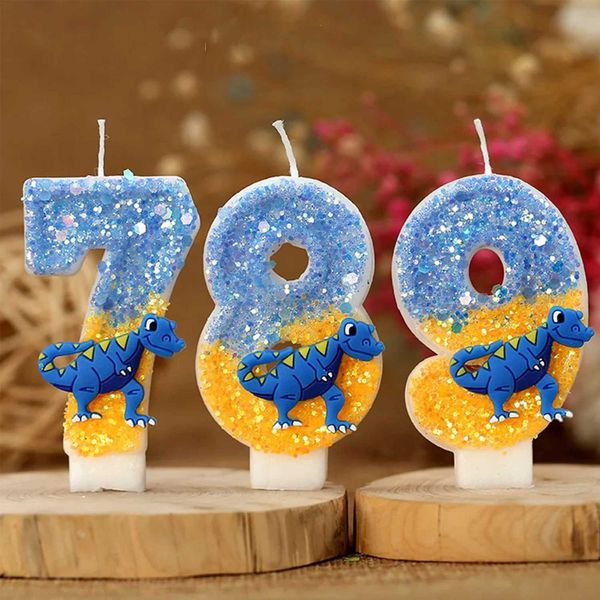 3pcs velas de cartoon dinossauros vela de aniversário para bolo azul glitter cupcakes topper infantil número 0-9 suprimentos meninos favorecem presentes