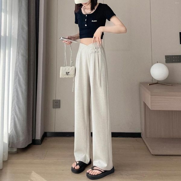 Calça feminina traje de linho da perna larga y2k verão retro estilo chinês design de cintura alta corda estreita corte reto casual