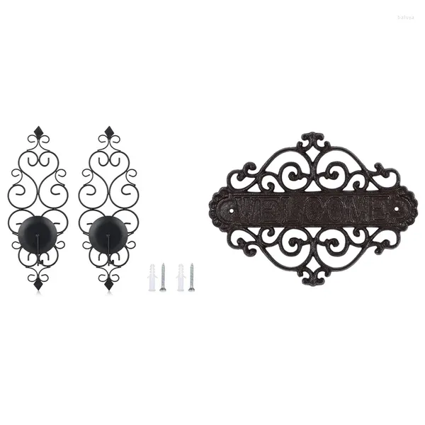 Titulares de vela bem -vindo placa de parede de parede home Garden Outdoor Hanging Decor com 2pcs Scone de ferro conjunto de suporte