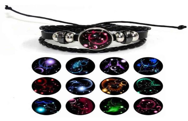 Sky 12 Sternbänder Luminöses Armband handgefertigtes Leder Sternenarmbänder Zodiac Glass Charme Armband Weihnachten TNT F1165305