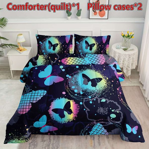 Capa de edredão azul Butterfly preto para meninos meninas, edredom de borboleta 3pcs em conjuntos de roupas de cama com 1 edredom e 2 travesseiros durante toda a temporada