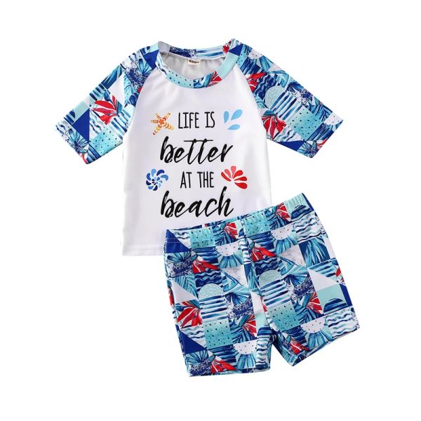 Badebekleidung Baby Boys Sommer Badeanzug Set kurzärmelig Brief Print Oneck Tops Elastische Taille Schwimmstämme Kinder 2pcs Badeanzug