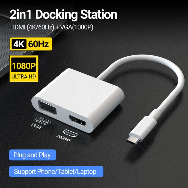 Adaptör 2 arada 1 Hub USB C ila HDMI 4K60Hz USB Tip C ila VGA 1080p dönüştürücü MacBook Pro iPad Pro 2020 Chromebook Pixel ile uyumlu