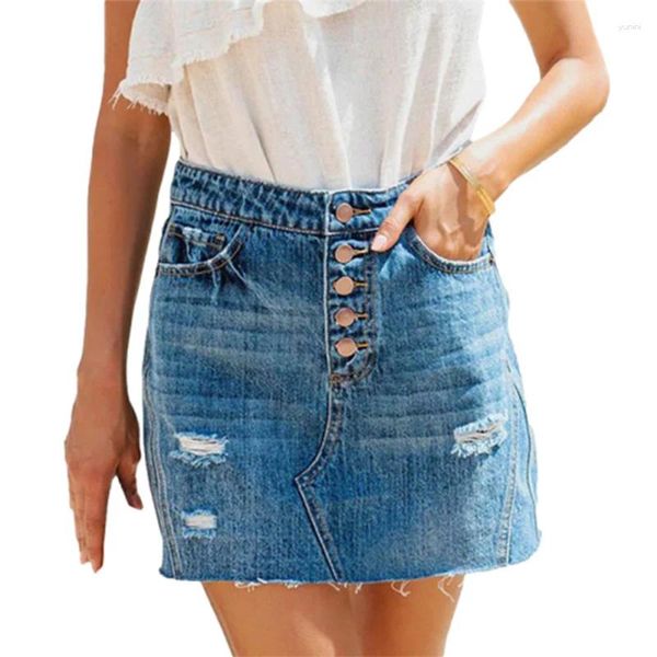 SAIRS MULHERES CAIZ HIGH CAISTE BUSTIDA SALTA DENIM SAIR MODATE MODA CASUAL Vestido meio corpo Trendência feminina Buracos Brotons Streetwear