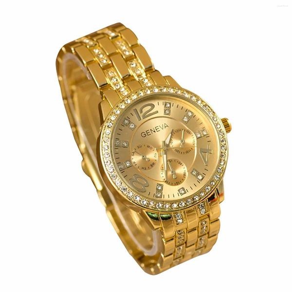 Armbanduhren weibliche modische exquisite und vielseitige einfache Business -Legierungs -Edelstahlband mit Diamond Quartz Round Handgelenk Uhr