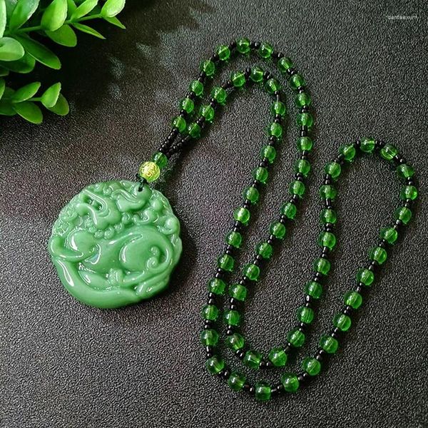 Цепочки мода зеленый нефрит ручной кусочек для дракона ожерелье китайский амулет Женский мужчина