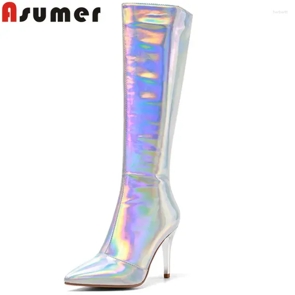 BOOTS Asumer 2024 Big Size 33-46 Microfibra de silve a laser sobre o joelho de salto alto de salto alto