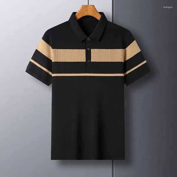 Herren Polos Maulbeere Seidenstreifen Strick-Polo-Hemd 2024 Summer Revers atmungsaktives halbes Ärmel Solid T-Shirt European Business Casual Casual Casual