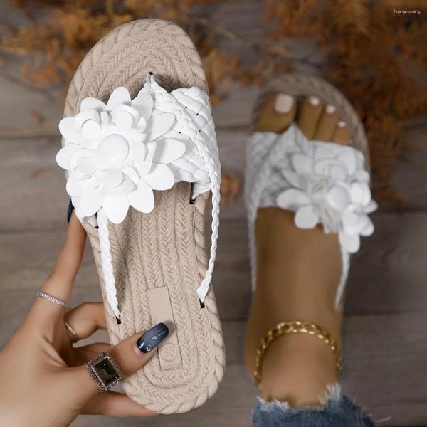 Terlik Kadın Çiçek Flip Flops Ayakkabı Boho Tarzı Örgülü Grup Tasarımcısı Sıradan Kayma Slaytlar Bayanlar Chanclas Mujer