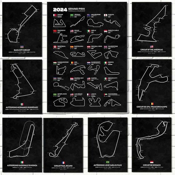 RS Formula One Track Map Map Wall Art Canvas 2024 Calendario stagione Poster Racing Poster Immagini stampate per il soggiorno Decorazione per la casa J240505