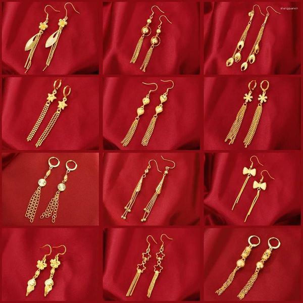 Dangle Ohrringe Real 999 Gold Lang für Frauen Imitation Schmuck Hochzeit Transit Perlen Schneeflocken Quasten -Ohrdraht