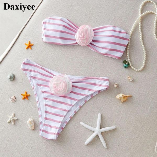 Kadın Mayo Seksi Çizgili Baskı Bikinis 2024 3D Çiçek Bandeau Omuz Kapalı Kadın Mayo Çiçek Patchwork Tangat Mayo Takım