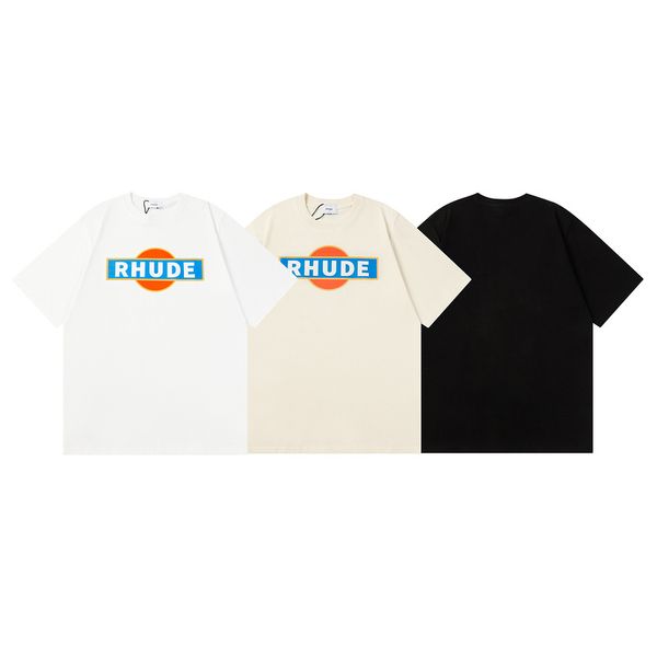 2024 Lüks Rhude Tasarımcı Erkek Tişörtleri Gün batımı Mektubu Baskı Grafik Tee Sıradan High Street Erkek Kadın Unisex Gevşek Moda T-Shirt 100% Pamuk Gevşek Büyük Boy S-XL