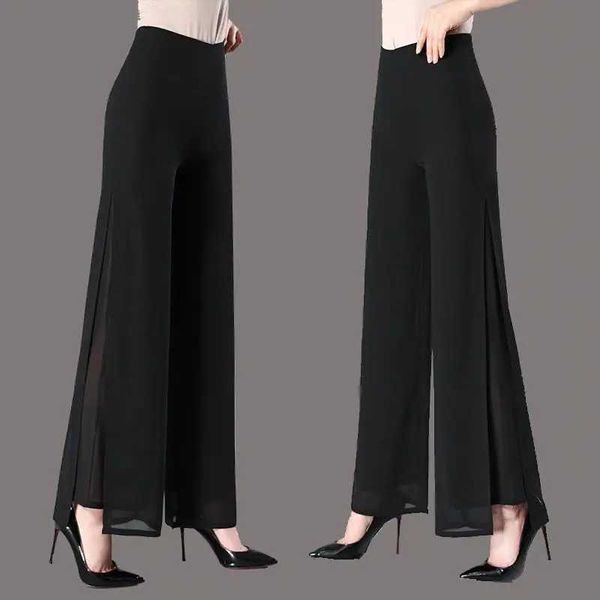 Calças femininas Capris Office Lady Double Chiffon Flare Pants Spring Summer Novo cintura alta CULOTTES ELASIC