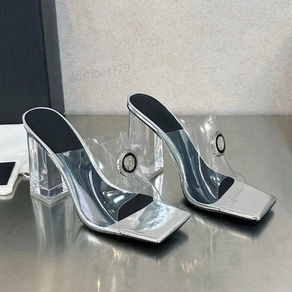 Şeffaf PVC kristal terlik katır slayt 105cm kalınlığında yüksek topuklular açık ayak parmağı slipsoleopen lüks tasarımcı Street tarzı fabrika ayakkabıları 35-42 kutu