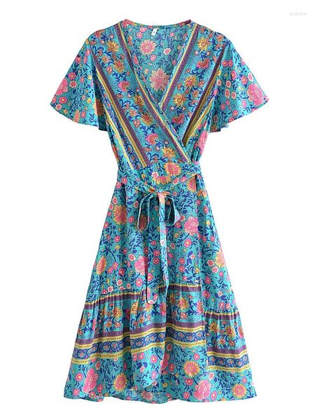 Partykleider Vintage Chic Mode Frauen Hippie Blumendruck V-Ausschnitt Bohemian Mini Kleid Ladies Kurzarm Summer Beach Wrap Boho