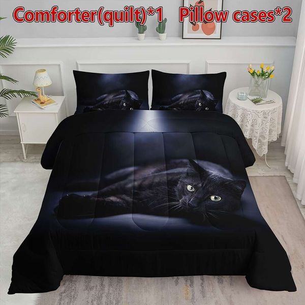 Conjunto de gatos 3pcs de cover de edredão, preto na colcha de padrões impressos em 3D escuro com 1 edredom 2 travesseiros, garotos e meninas quarto, cama para roupas de cama para toda a temporada