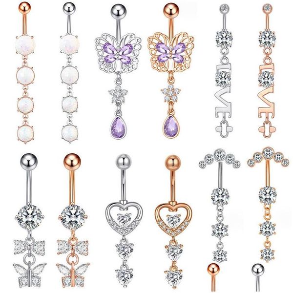 Navelglockenknopf Ringe für Körper Edelstahl Frauen baumle piercing Bauch Liebesbrief Kristall Gold Sier Drop Lieferung Schmuck DH538