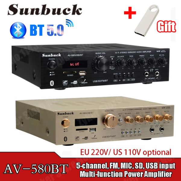 Amplificatori Sunbuck 580usb/bt/298BT Bluetooth Hifi Amplificatori 220V Amplificatore di potenza domestica 5CH Stereo AV AMPLIFICI DI DIGUIFICA DI DIGUITO FM Karaoke