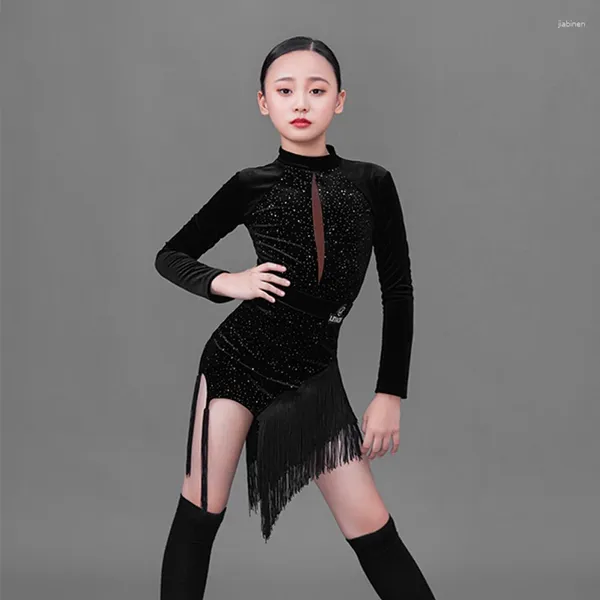 Stage Wear 2024 Autumn Winter Girls Latin Dance Performance Stume Sump Black Leotard Skirt Paso Doble Dancing Competition 2452