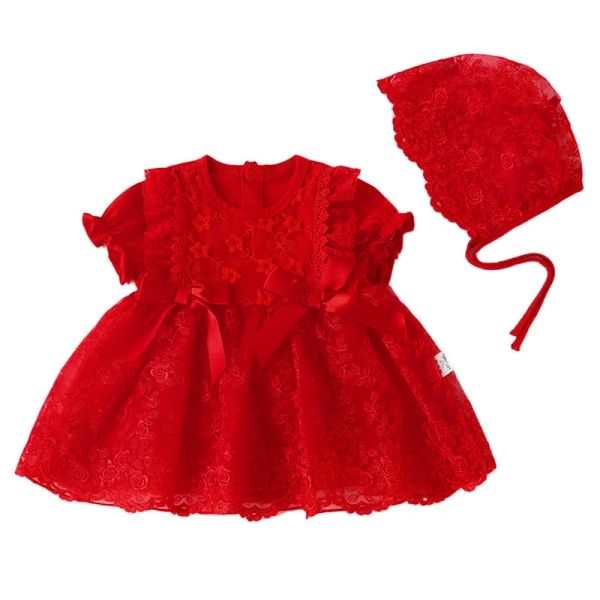 Vestidos recém -nascidos meninas bebês criança garoto de verão de cor curta de cor curta mini vestido vermelho renda vermelha com um at em um em