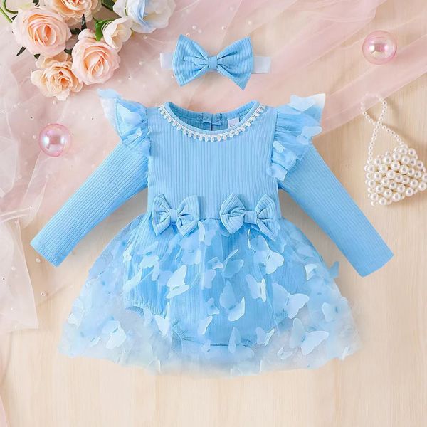 Vestidos 018m vestido de bebê com bandeira de manga longa vestido de flor azul vestidos infantis de festa arco malha floral para festa de aniversário recém -nascida