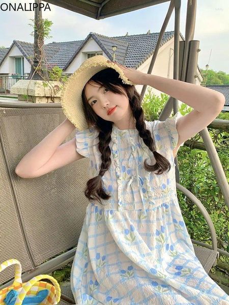 Vestidos casuais Onalippa Blue Tulip Sleeves Flying Summer Dress Wood Ear Baifles Brilhões doces