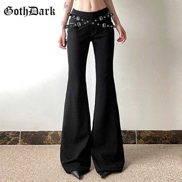 Calças femininas Capris goth harajuku escuro sólido cintura alta calça de cintura shopp shot goth strt Bottom women punk belts decoração calças casuais alt pant techwear y240504