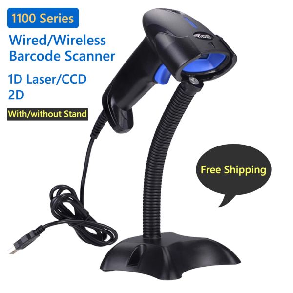 Scanner kostenloser Versand Neuer Handheld Wired 1D Laser CCD Barcode Scanner POS 2D -Barcode -Scanner -Waffe mit Ständer