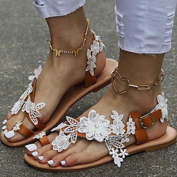 Sandali Summer Women Flat Beach Gladiator White Lace Ladies Scarpe da matrimonio aperta punta romano flop sandalias mujer